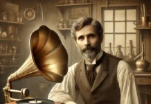 Emile Berliner revoluciona la música: patenta el gramófono en Estados Unidos Emile Berliner en su taller en 1887, orgulloso con su gramófono