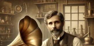 Emile Berliner revoluciona la música: patenta el gramófono en Estados Unidos Emile Berliner en su taller en 1887, orgulloso con su gramófono