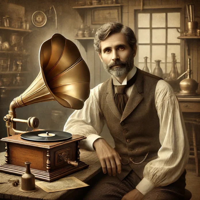 Emile Berliner en su taller en 1887, orgulloso con su gramófono